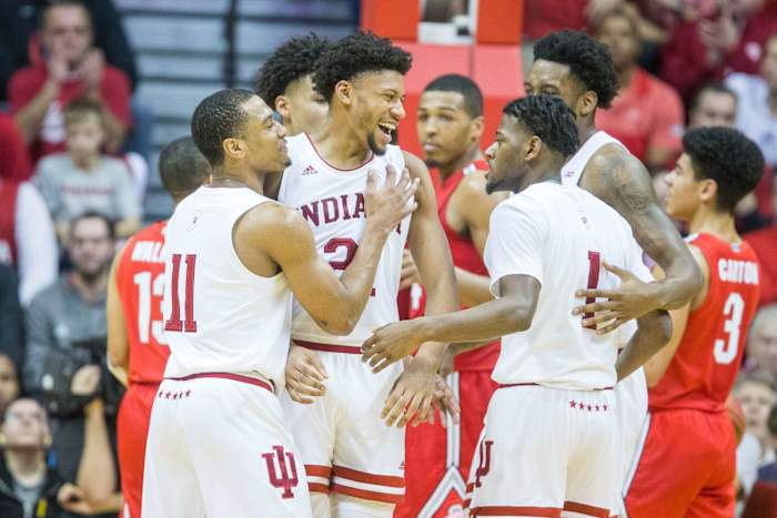Bloomington, Indiana, USA; Indiana Hoosiers forward Jerome Hunter (21) reacts with teammates after a and one in the second half against the Ohio State Buckeyes at Simon Skjodt Assembly Hall. Mandatory Credit: Trevor Ruszkowski-USA TODAY Sports